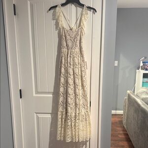Joyfolie Cream Lace Tiered Maxi Dress with Ruffle Straps